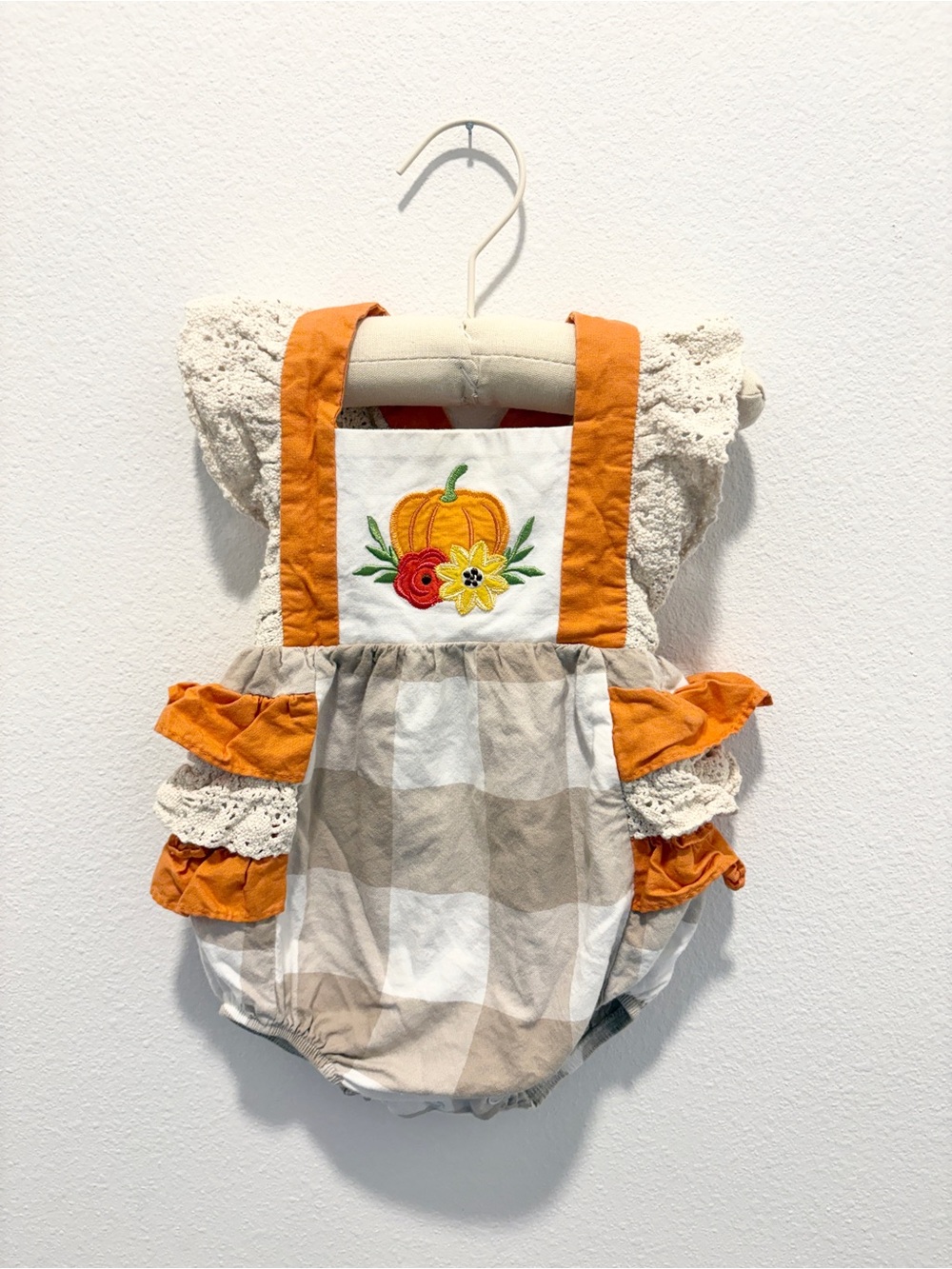 Boutique Girls' Orange Pumpkin Embroidered Ruffle Dress Romper